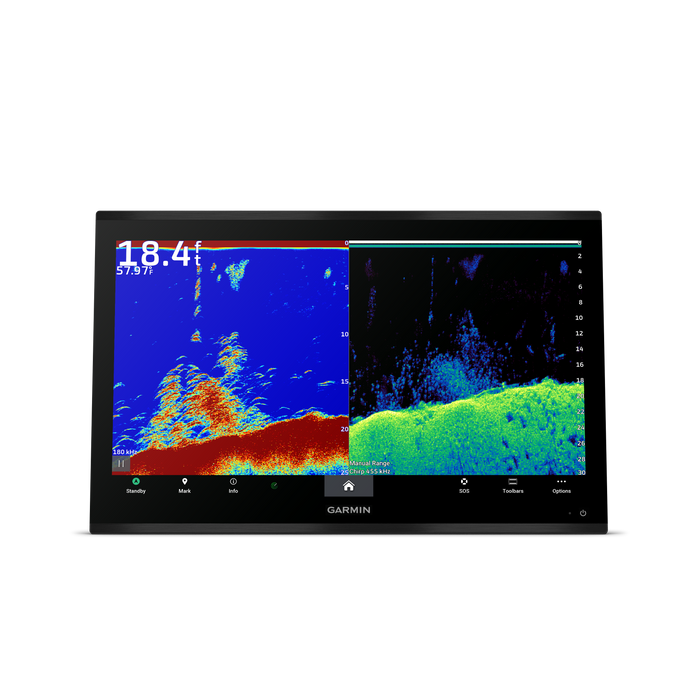 Garmin dual-screen fishfinder display showing sonar depth readings and underwater contours on a clean white background.