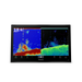 Garmin dual-screen fishfinder display showing sonar depth readings and underwater contours on a clean white background.