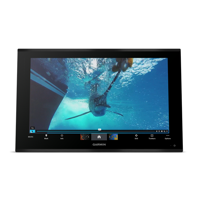 A Garmin marine display screen showing an underwater shark scene, set against a plain white background.