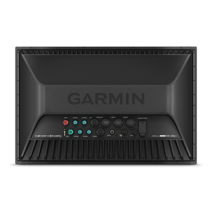 Garmin black marine electronic device rear panel with multiple ports and controls, shown on a white background.