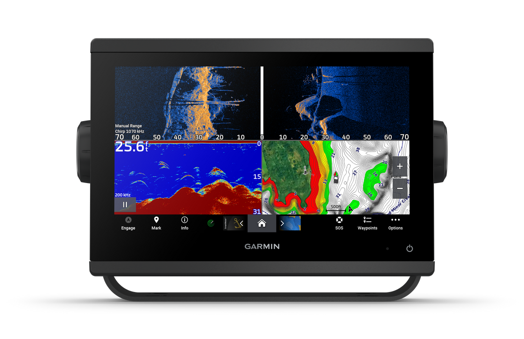Garmin dual-screen fishfinder or depth monitor device with black bezel and stand, showing colorful underwater sonar imagery on a white background.