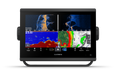 Garmin dual-screen fishfinder or depth monitor device with black bezel and stand, showing colorful underwater sonar imagery on a white background.