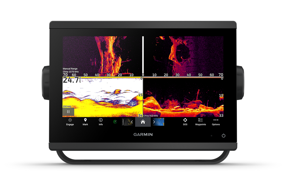 Garmin dual-screen fishfinder with active sonar displays showing underwater terrain in black housing on a white background.