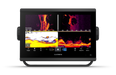 Garmin dual-screen fishfinder with active sonar displays showing underwater terrain in black housing on a white background.