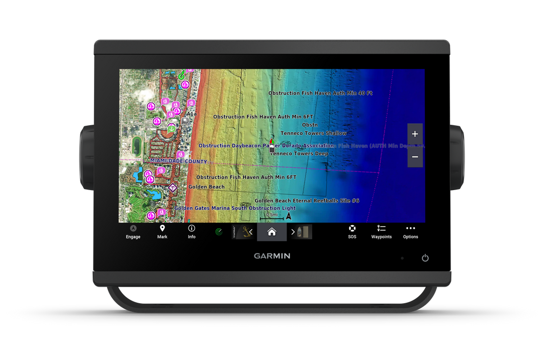 Garmin GPS device with map display on a white background