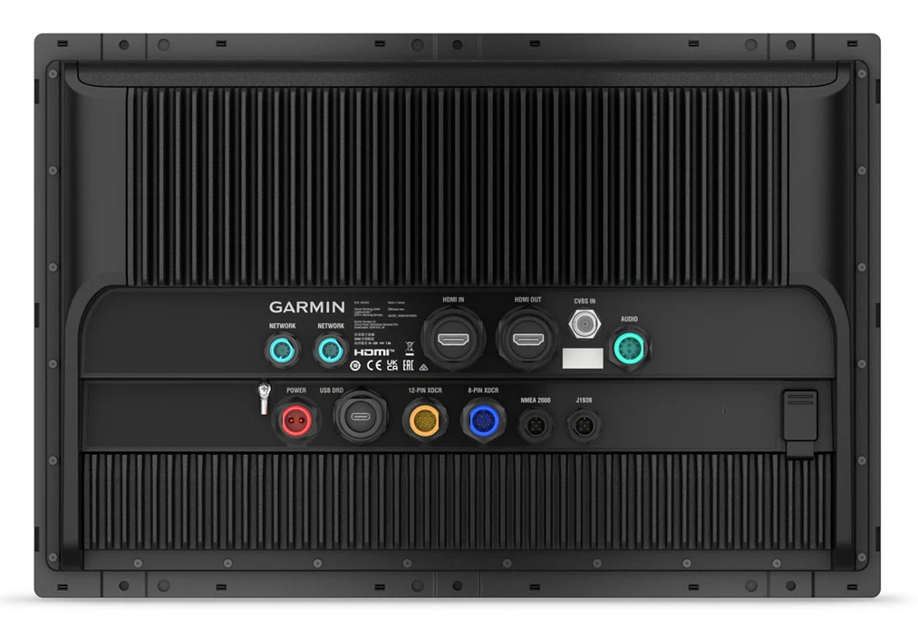 The rear panel of a black Garmin electronic device, showing various input and output ports including HDMI, USB-C, and audio jacks.