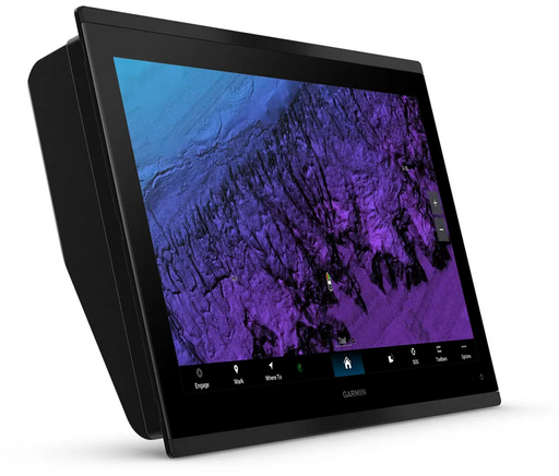 A black Garmin touchscreen display device shown at an angle against a white background, with a purple and blue map or terrain graphic visible on the screen.