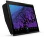 A black Garmin touchscreen display device shown at an angle against a white background, with a purple and blue map or terrain graphic visible on the screen.