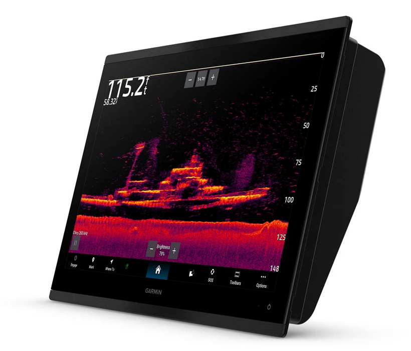 Garmin dual touchscreen display showing a sonar depth readout, photographed at an angle on a clean white background.