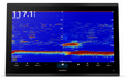 Garmin fishfinder touchscreen display showing a blue sonar scan with red and yellow depth bands, photographed on a clean white background.