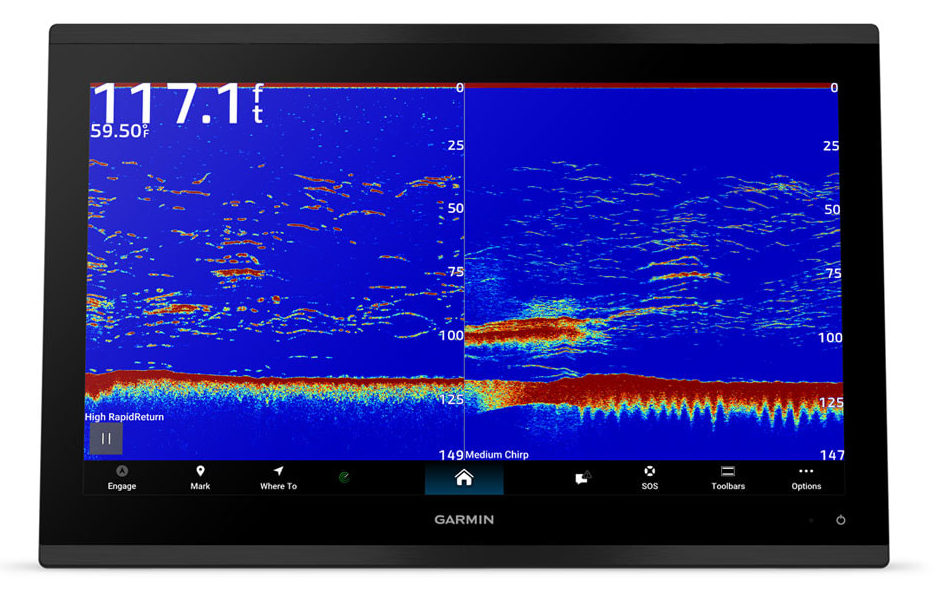 Garmin fishfinder touchscreen display showing a blue sonar scan with red and yellow depth bands, photographed on a clean white background.