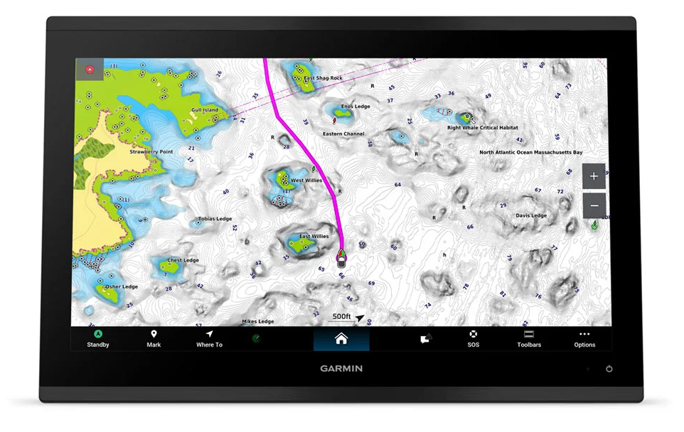 A Garmin touchscreen display device showing a topographic and hydrographic map with a purple route line, photographed against a plain white background.