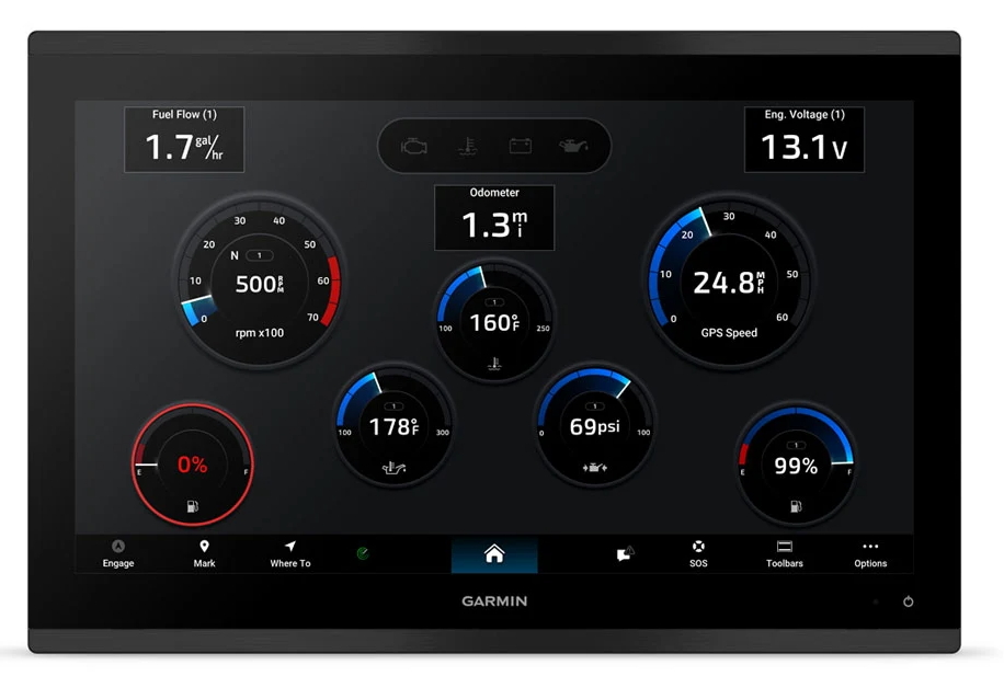 A Garmin touchscreen display unit with a black bezel, showing various vehicle status metrics such as fuel flow, engine voltage, odometer, GPS speed, and tire pressure on a white background.