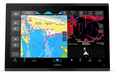 A Garmin handheld electronic navigation device with a large black bezel and color display, showing a marine chart on the left and radar/screen content on the right.