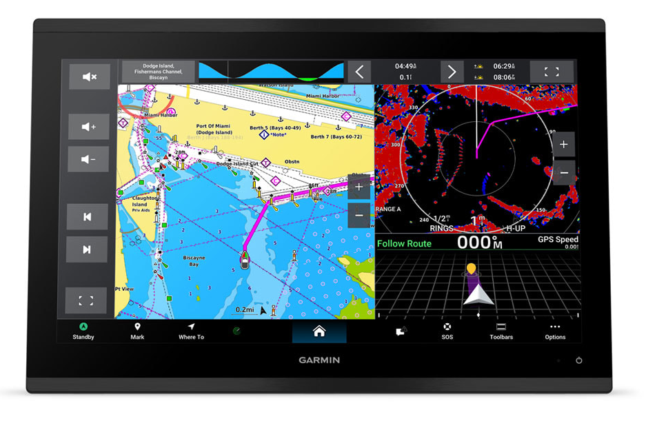 A Garmin handheld electronic navigation device with a large black bezel and color display, showing a marine chart on the left and radar/screen content on the right.