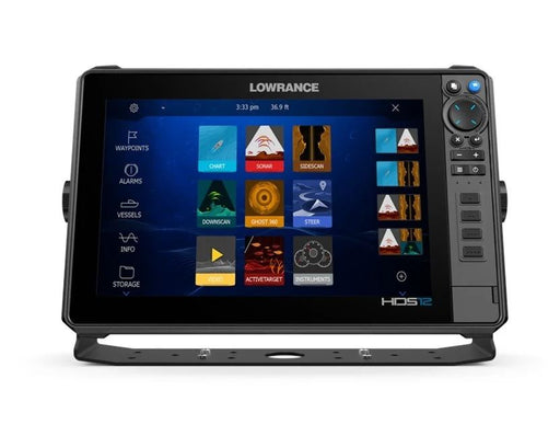 Close-up of Lowrance HDS12 Pro screen displaying C-MAP Discover charts and detailed sonar images.