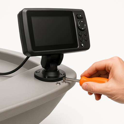 Install Fish Finder process showing display mounted on boat console without transducer attached