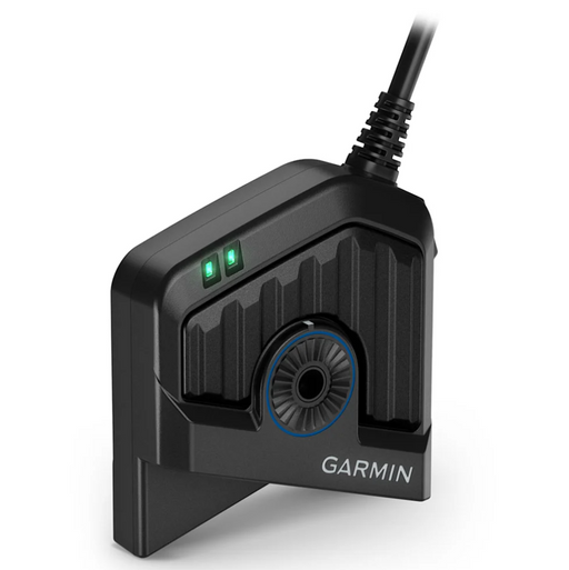Garmin black electronic device with a circular blue-and-white center detail, green indicator lights, and a black cable, shown on a plain white background.