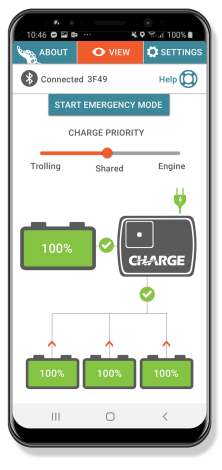 Power-Pole CHARGE marine power management system showing real-time battery distribution and onboard charging control.