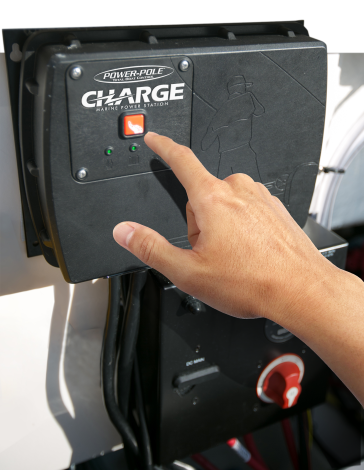 Power-Pole CHARGE marine power management system showing real-time battery distribution and onboard charging control.