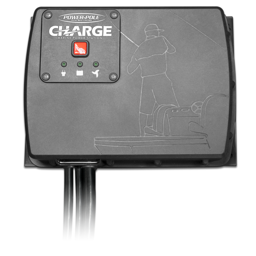 Power-Pole CHARGE marine power management system showing real-time battery distribution and onboard charging control.