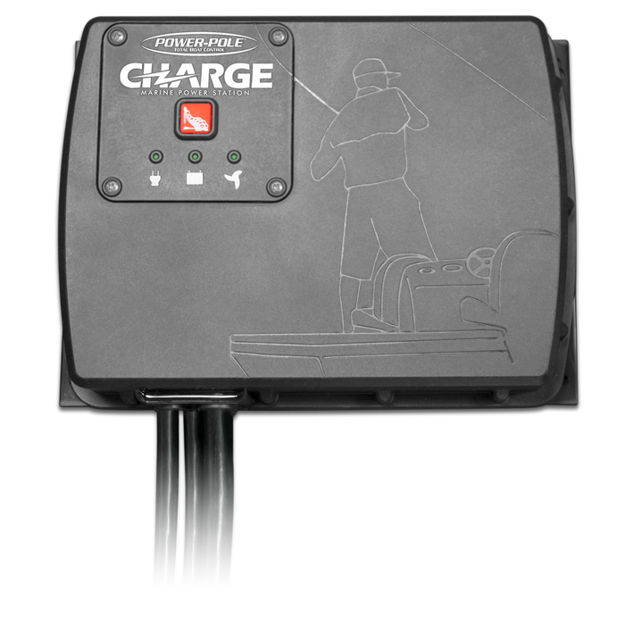 Power-Pole CHARGE marine power management system showing real-time battery distribution and onboard charging control.