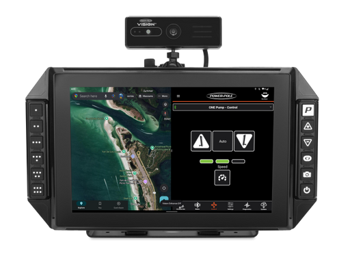 Power-Pole VISION marine touchscreen control center mounted at the helm, showing boat systems integration and Power-Pole anchor controls.