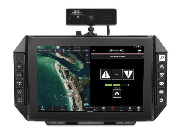 Power-Pole VISION marine touchscreen control center mounted at the helm, showing boat systems integration and Power-Pole anchor controls.
