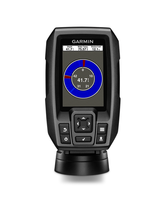 Garmin Striker 4 Fishfinder with Dual-Beam Transducer with a black rugged housing and a color display screen, shown on a white background with a black stand.