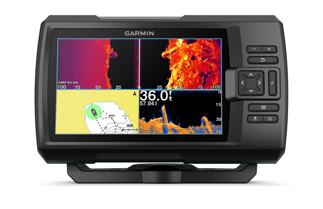 Garmin Striker Vivid 7sv with a black housing and a color screen displaying sonar maps and depth readings, set against a plain white background.