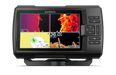 Garmin Striker Vivid 7sv with a black housing and a color screen displaying sonar maps and depth readings, set against a plain white background.