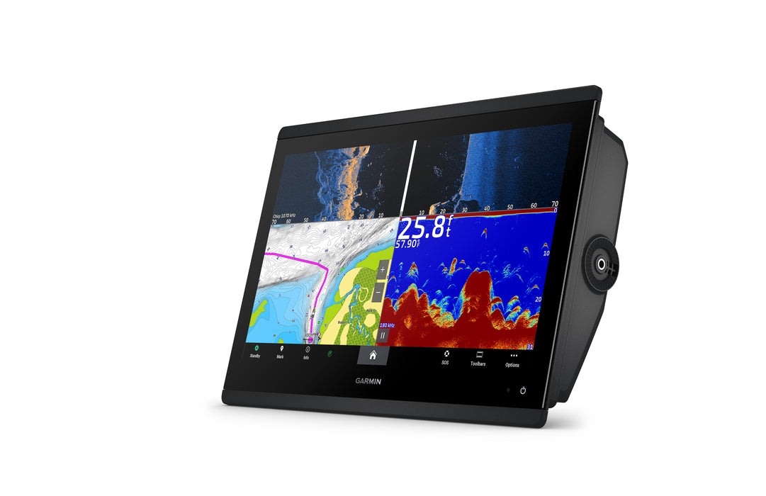Garmin dual-screen marine electronic device with a black bezel and side mount, shown on a clean white background. The screens display colorful navigation and sonar imagery.