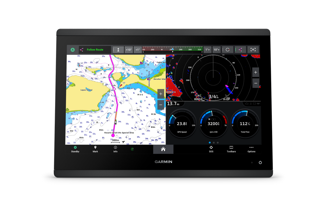 Garmin marine navigation display with map and radar on a black background