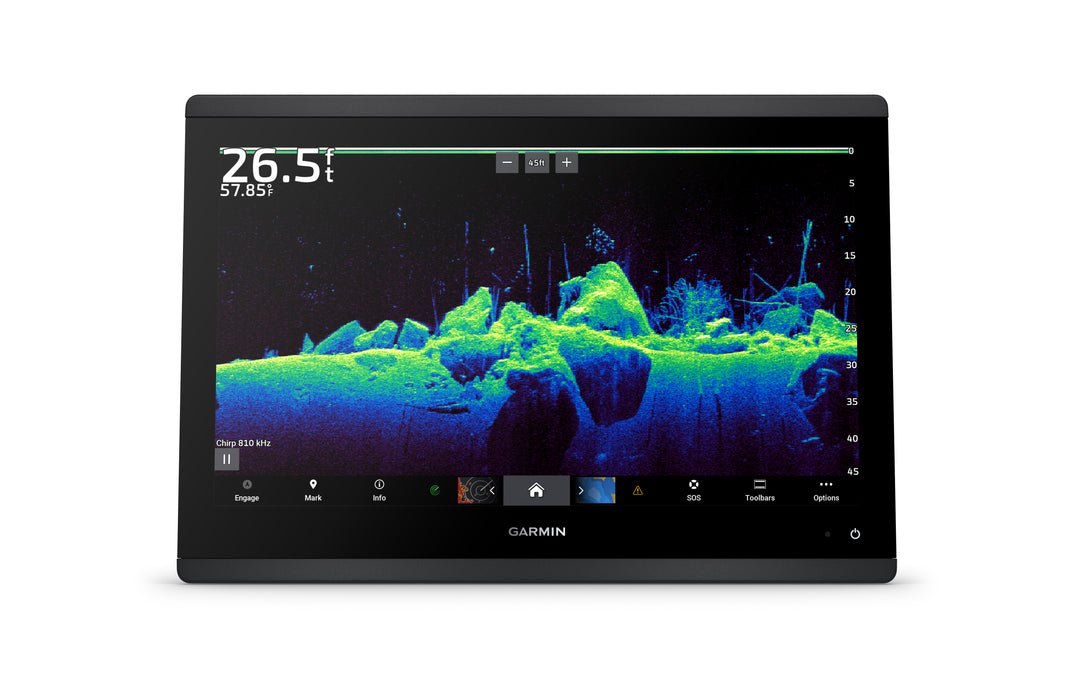 A Garmin fishfinder screen displaying a colorful sonar reading, shown on a clean white background.