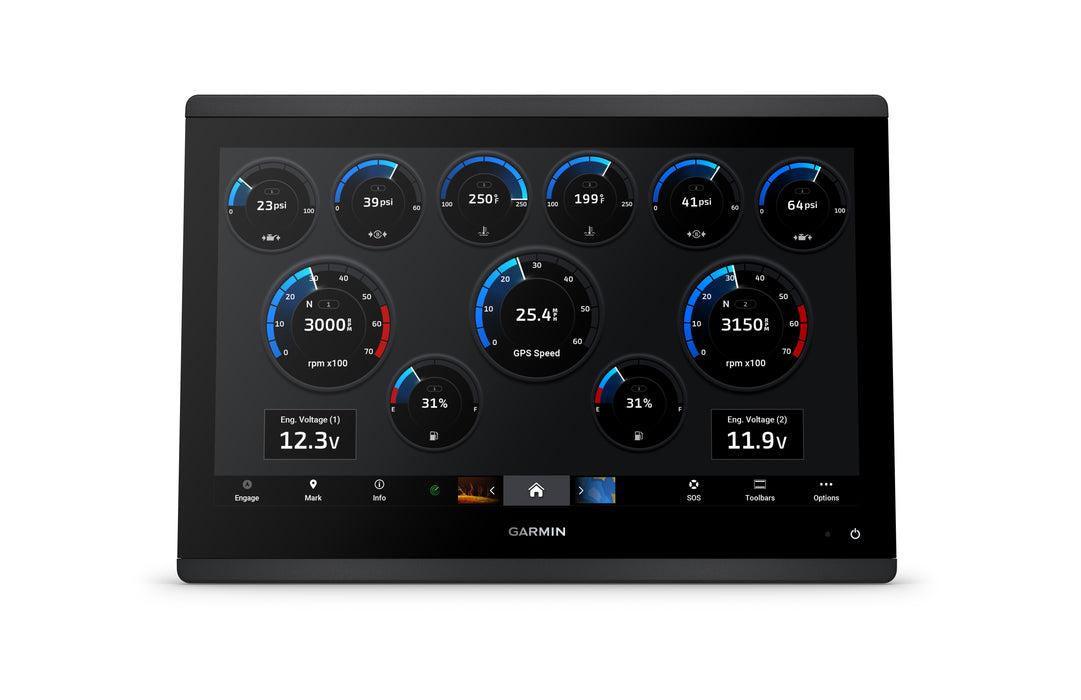 A Garmin marine electronic display screen showing a digital dashboard with gauges, speed, battery voltage, and other metrics on a clean white background.