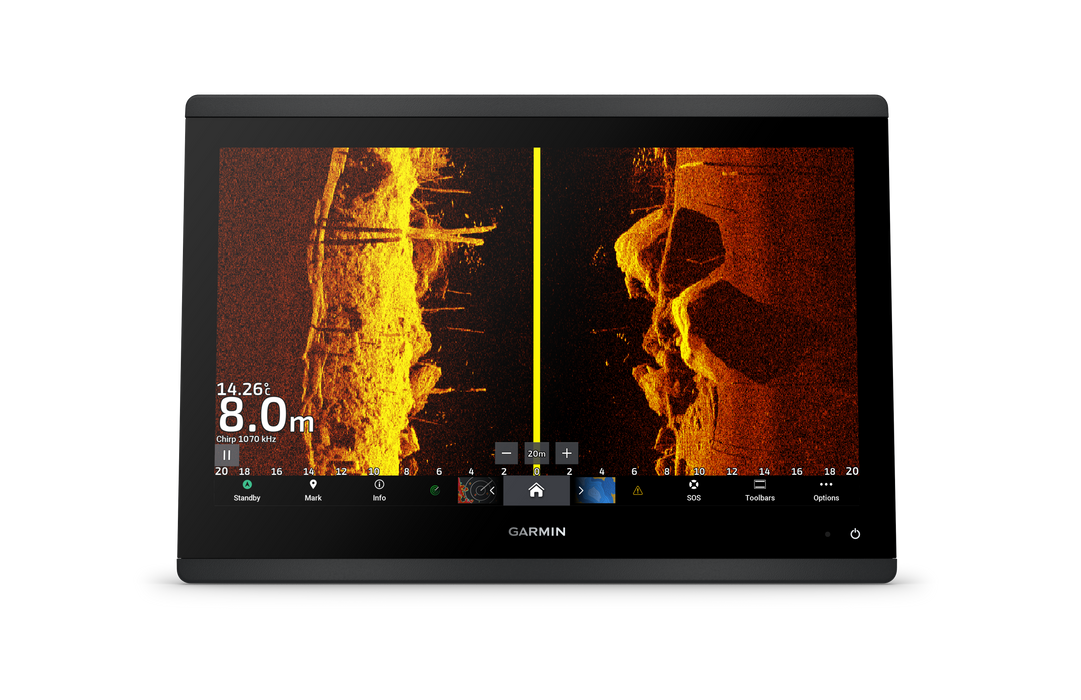 Garmin fishfinder display with sonar imaging on a black background