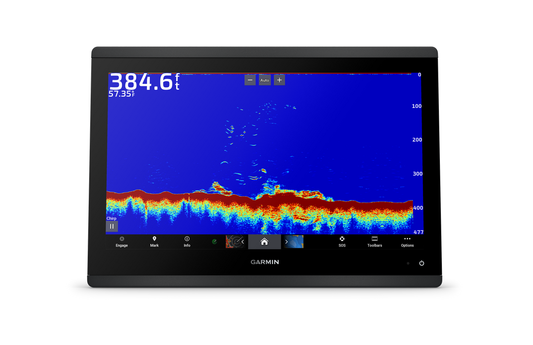 Garmin fishfinder screen displaying a blue sonar scan with colorful reflections and depth readings, shown on a black bezel against a white background.