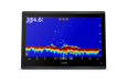 Garmin fishfinder screen displaying a blue sonar scan with colorful reflections and depth readings, shown on a black bezel against a white background.