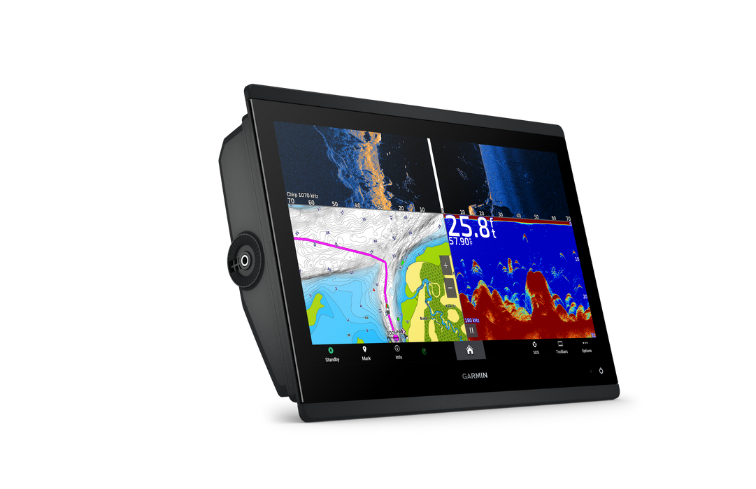 Garmin fishfinder device displaying sonar and map images on a clear background