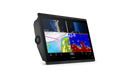 Garmin fishfinder device displaying sonar and map images on a clear background