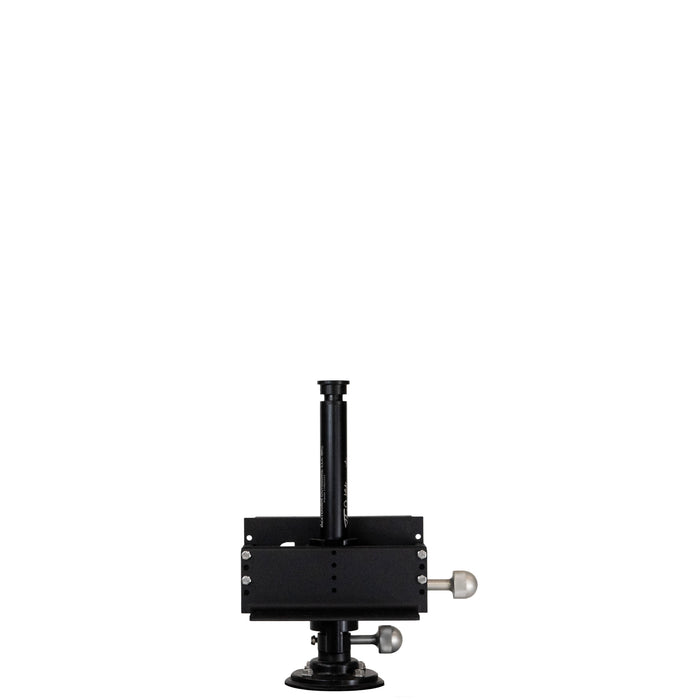 A black metal mounting bracket with a vertical post, base plate, and silver adjustment knobs, photographed against a solid white background. Beatdown The Ultimate Double Stack